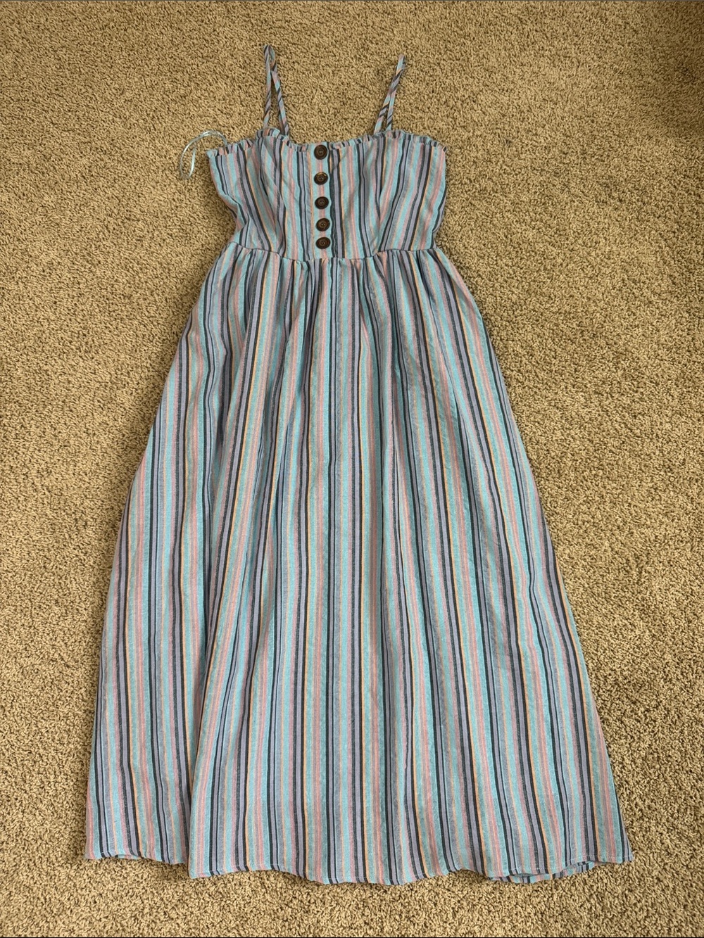 Striped Blue Multicolor Spaghetti‑Strap Maxi Dress